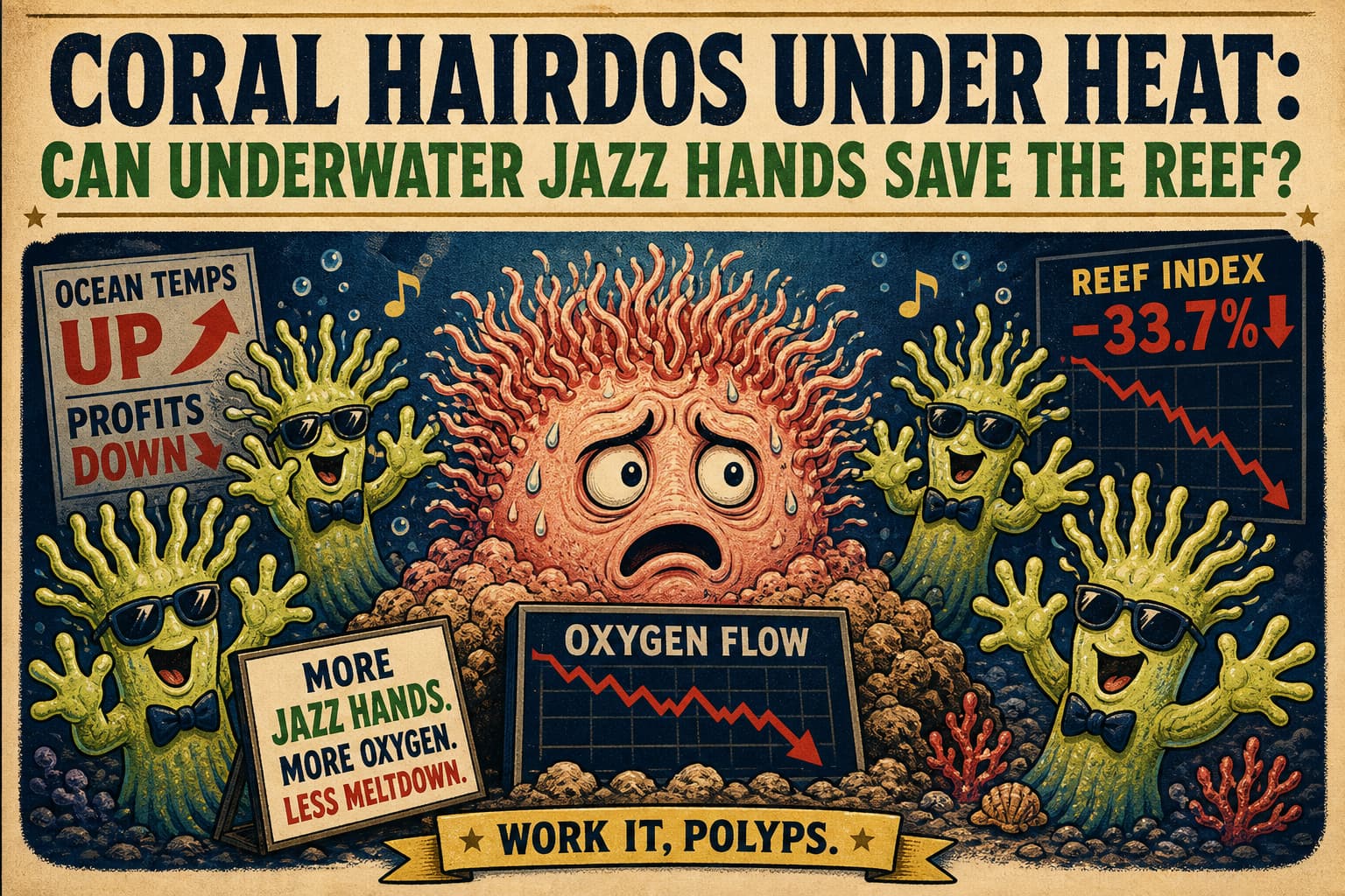Satirical illustration: Coral Hairdos Under Heat: Can Underwater Jazz Hands Save the Reef?
