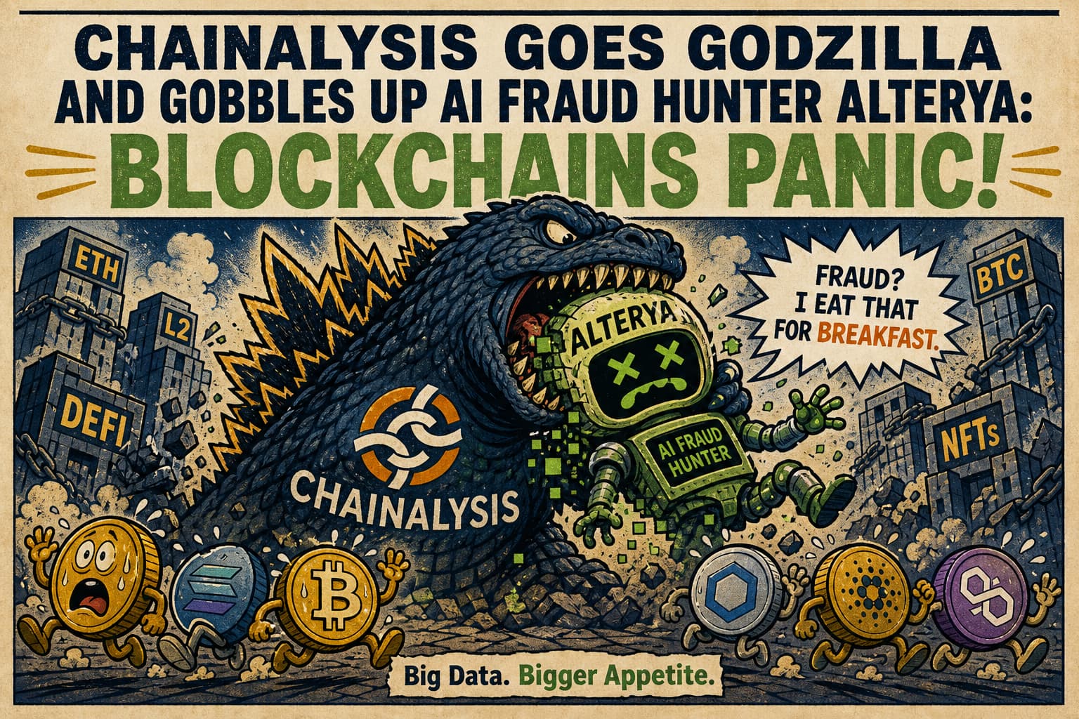 Satirical illustration: CHAINALYSIS GOES GODZILLA AND GOBBLES UP AI FRAUD HUNTER ALTERYA: Blockchains Panic!