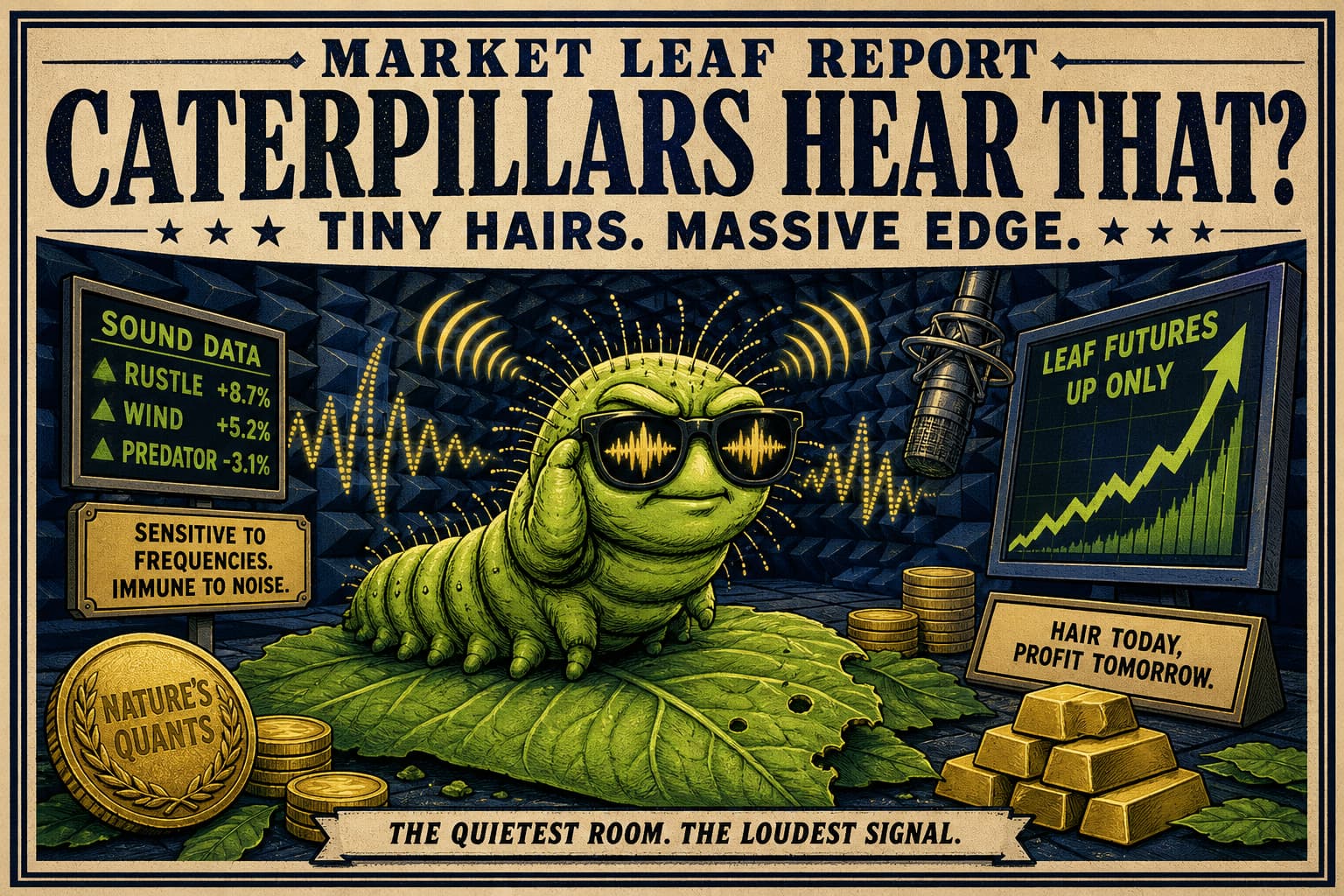 Satirical illustration: How Caterpillars Became Tiny, Leaf-Eating Parabolas of Sound: Scientists Get Weird in the Quietest Room Ever
