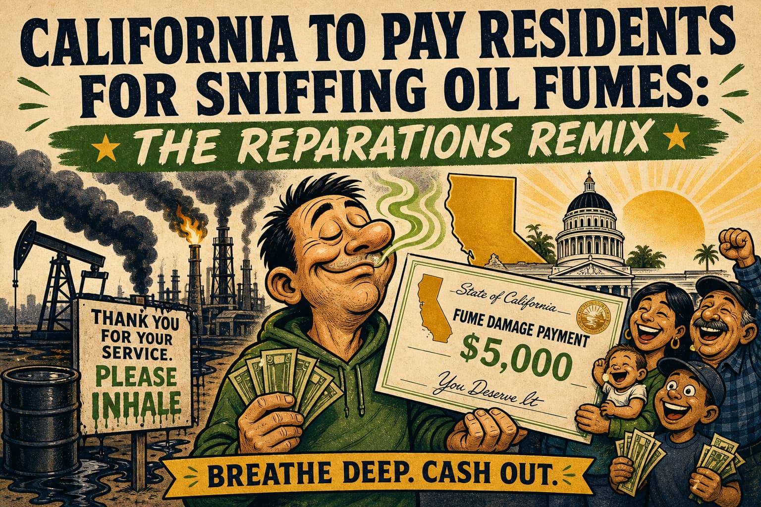 Satirical illustration: California To Pay Residents For Sniffing Oil Fumes: The Reparations Remix