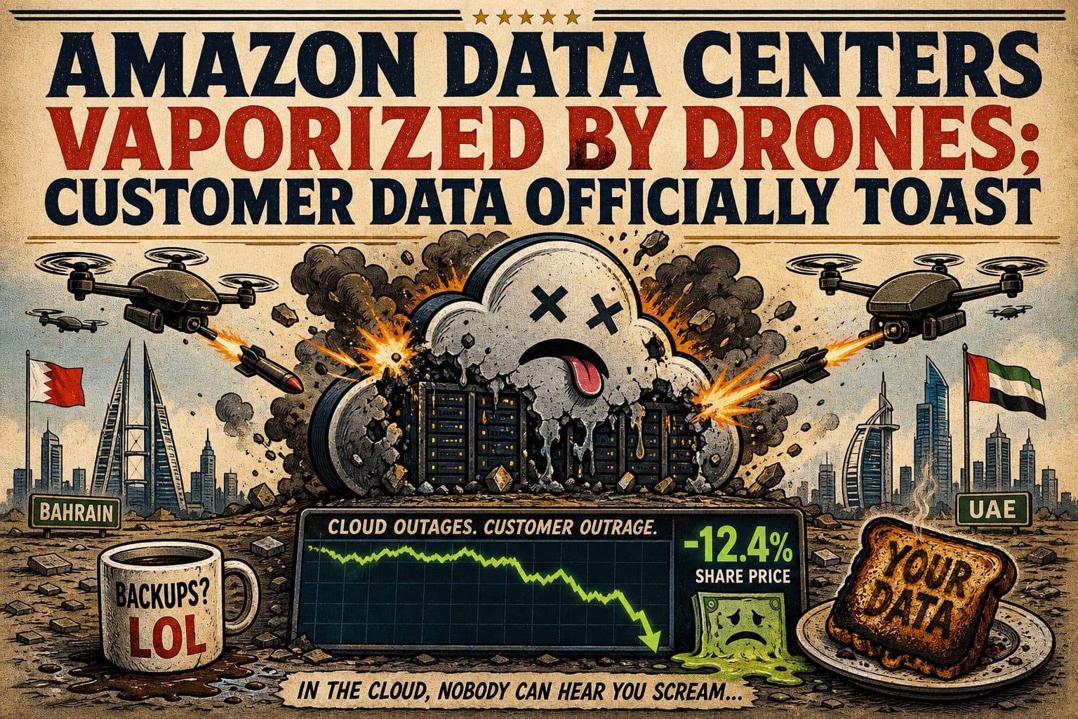 Satirical illustration: Amazon Data Centers Vaporized by Drones; Customer Data Officially Toast