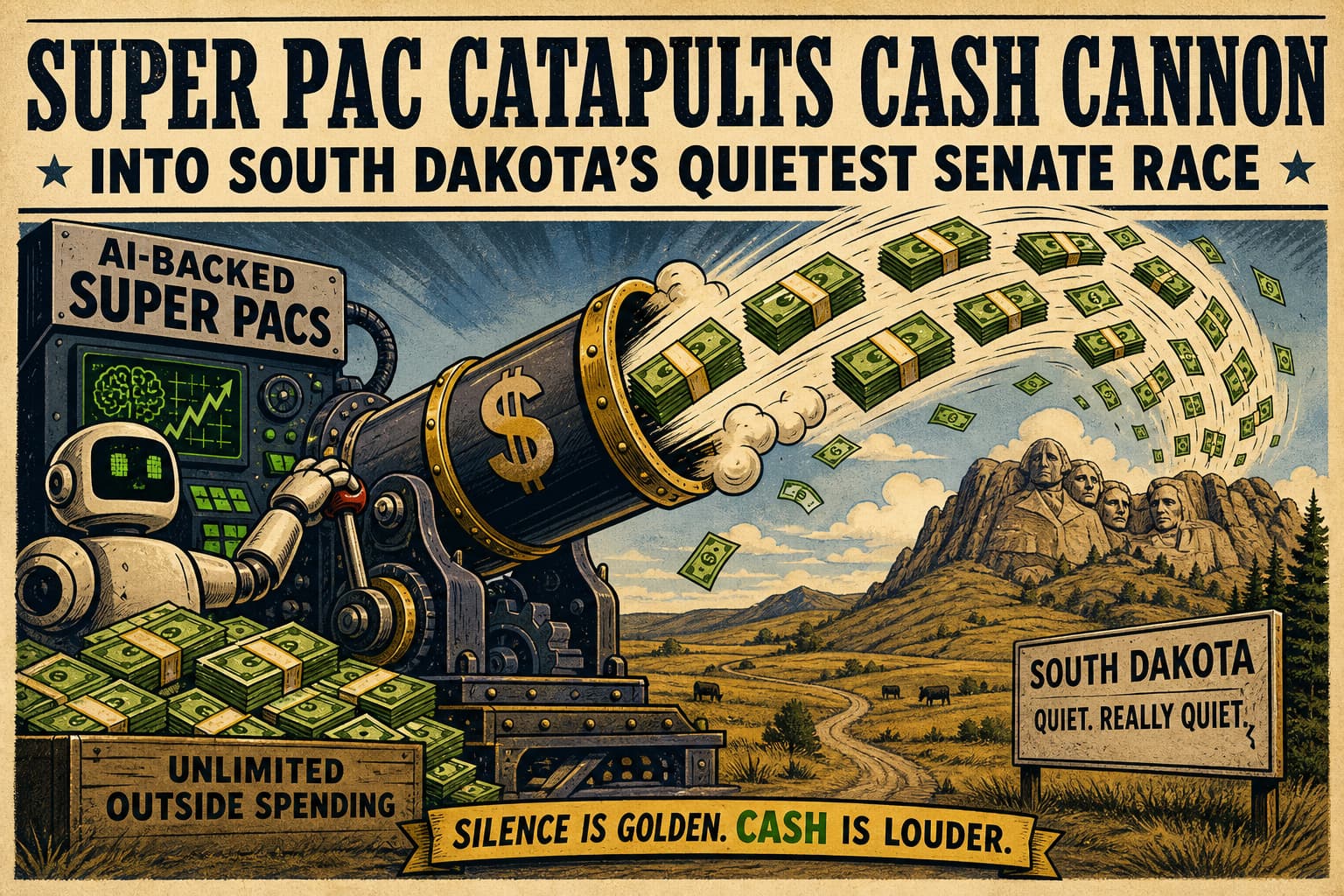Satirical illustration: Super PAC Catapults Cash Cannon Into South Dakota's Quietest Senate Race