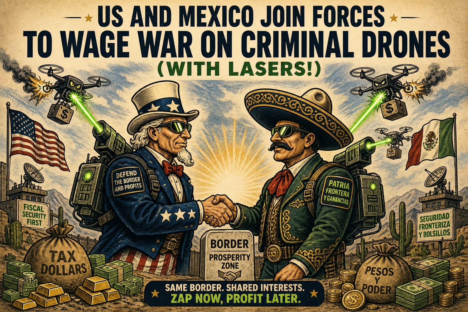 Satirical illustration: US and Mexico Join Forces To Wage War on Criminal Drones (With Lasers!)