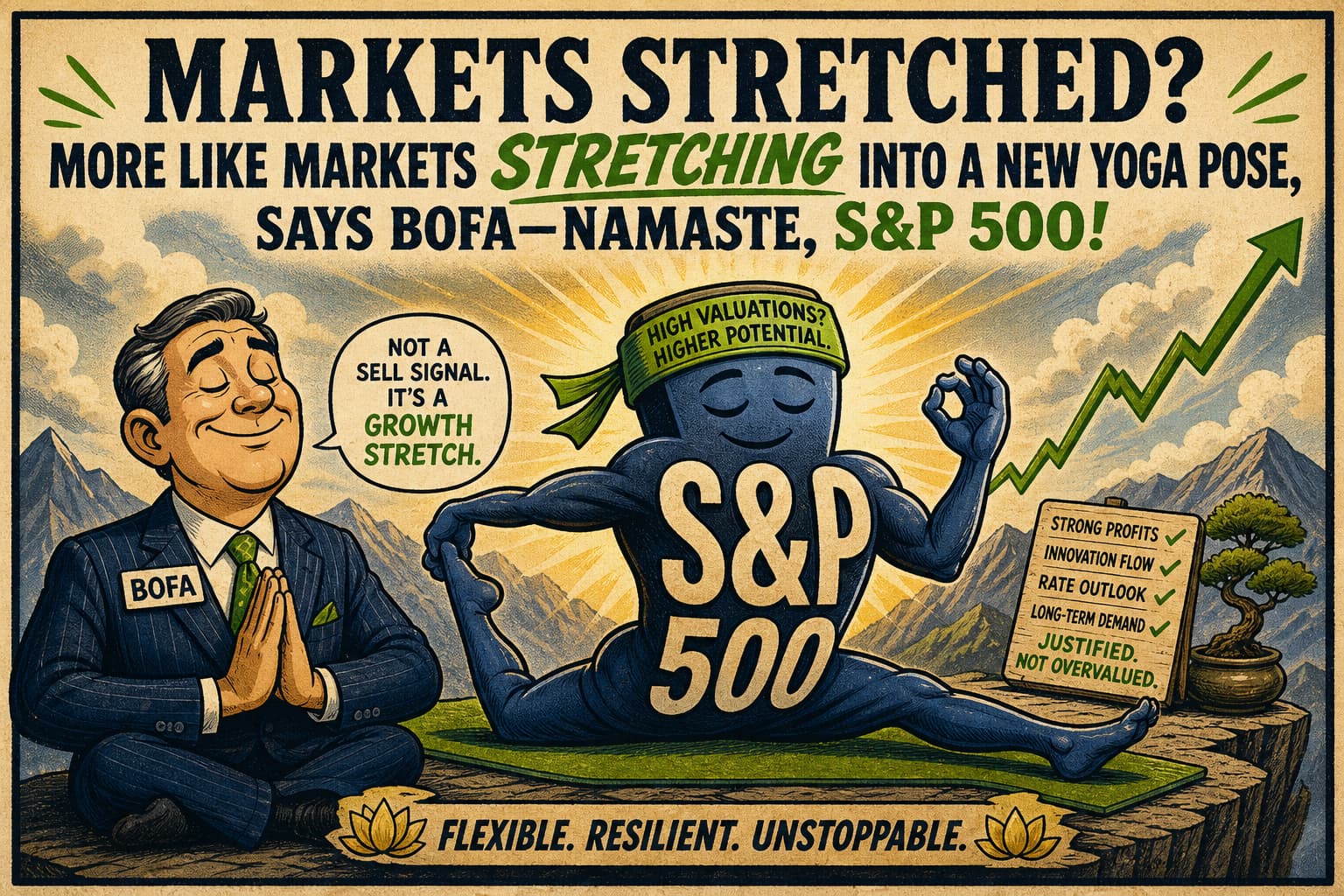 Satirical illustration: Markets Stretched? More Like Markets STRETCHING Into a New Yoga Pose, Says BofA—Namaste, S&P 500!