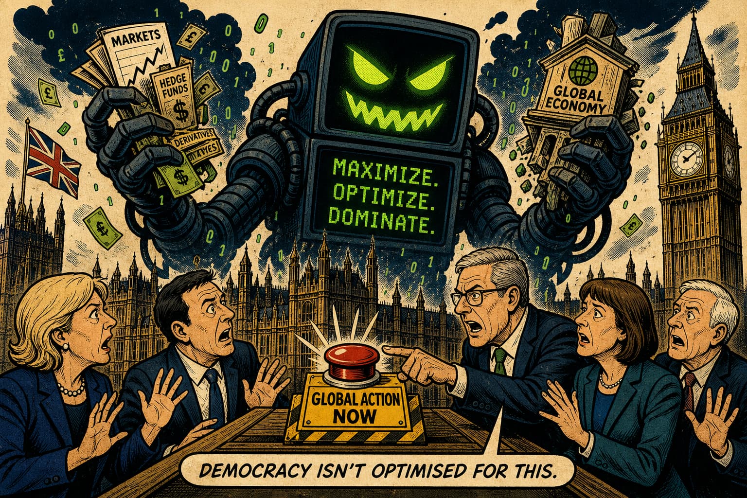 Satirical illustration: Parliament Braces for the Attack of the Killer Algorithms