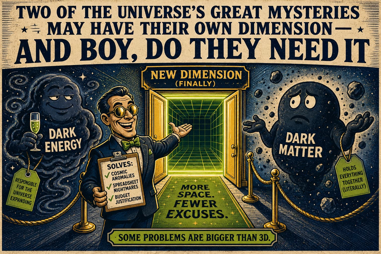 Satirical illustration: Two of the Universe’s Great Mysteries May Have Their Own Dimension—and Boy, Do They Need It